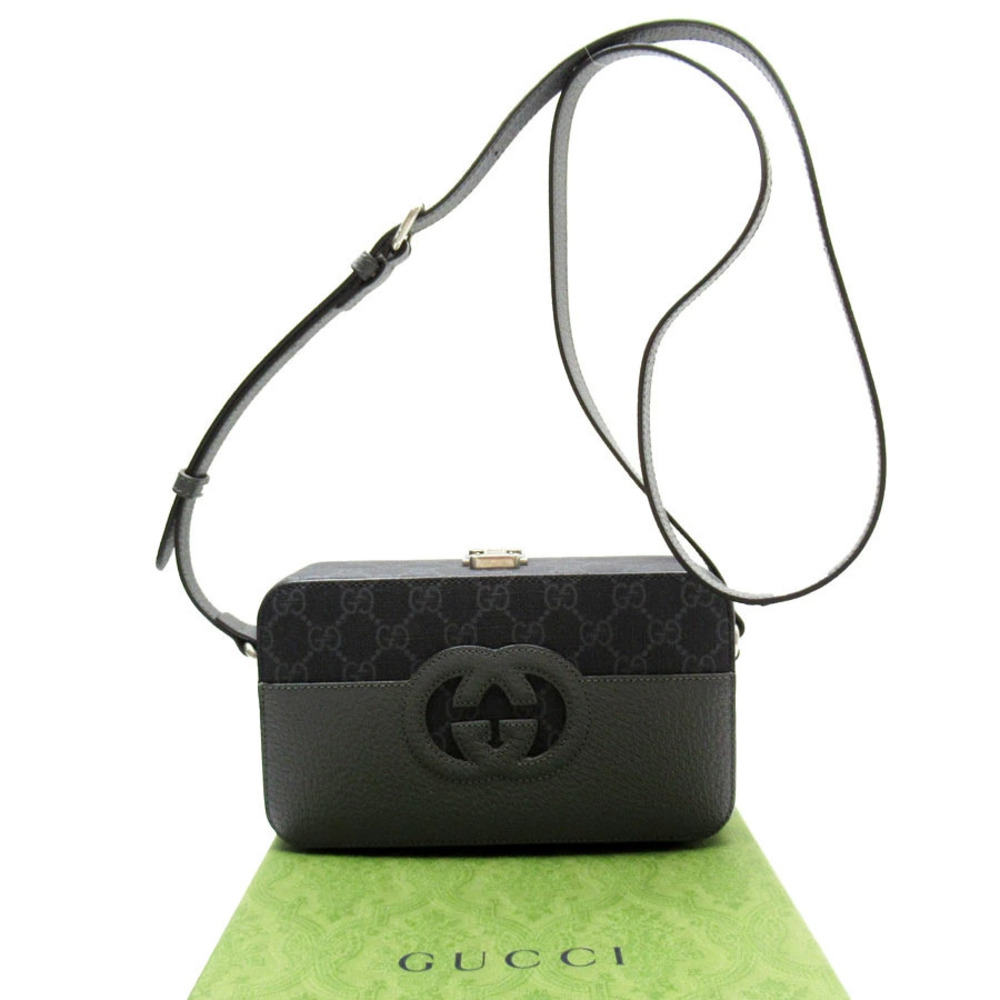 Gucci GG Supreme Leather Dark Crossbody Bag Silver Gray